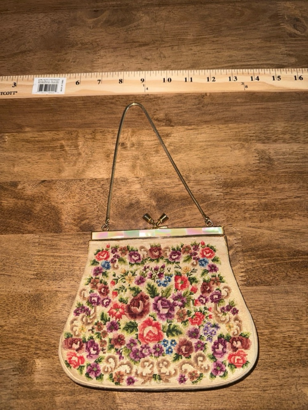 Vintage Cream Floral Needlepoint Evening Bag with Gold Frame